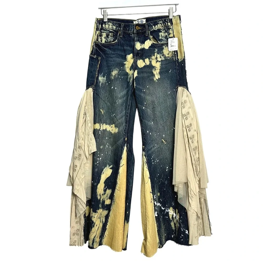 RARE We The Free People Martha Lace Bleach Ruffle Wide Leg Flare Jeans Indigo 28